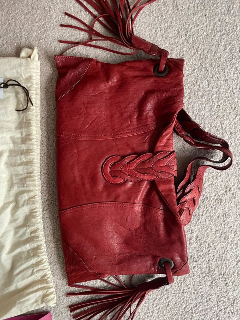 Junior Drake Berry Red Braided Leather Athena Hobo Bag
